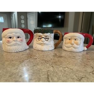 3 Vtg FWC The Cooks Bazaar Christmas 3D Santa Mugs Cups Ceramic Holiday Collect